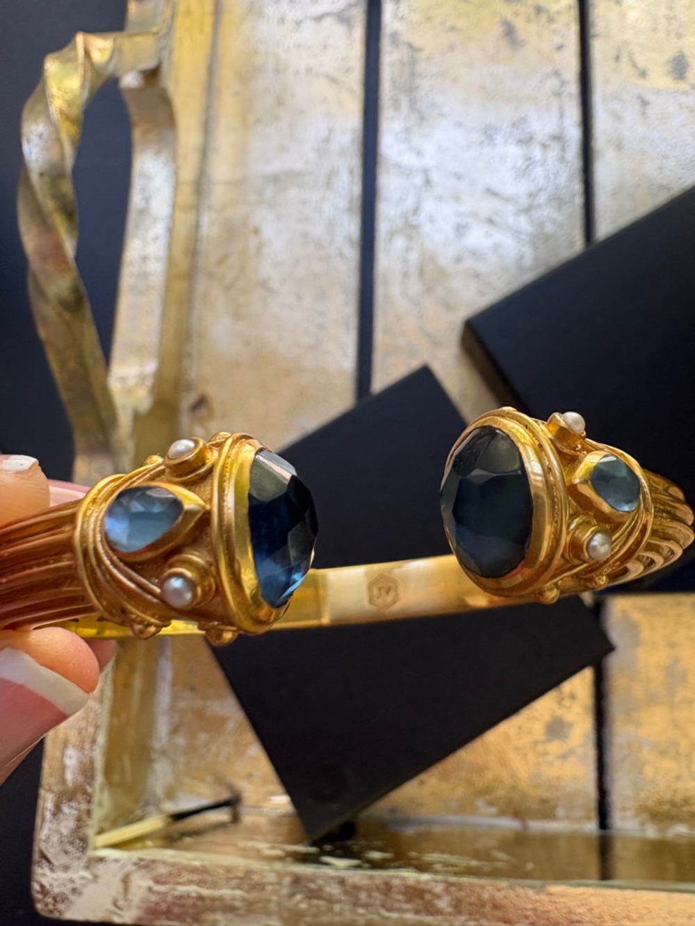 Julie Vos Gold Hinged Cuff Bracelet with Blue and Pearl Stones